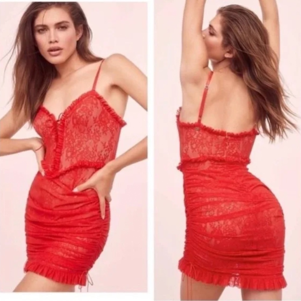 For Love & Lemons Gracie Red Lace Slip Dress XS